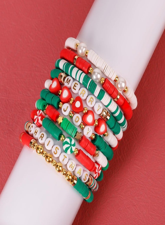 LUYI 10 PCS Christmas Bracelets for Women Holiday Friendship Heishi Surfer Bracelets Disc Clay Beaded Stretch Bracelets Christmas Jewelry Gifts Party Supplies Decor - Image 2